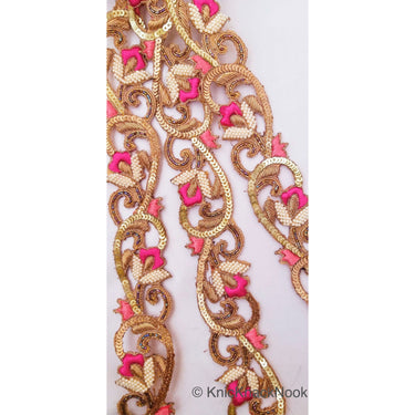 Hand Embroidered Lace Trim, Pink Floral Embroidery, Beaded In Off White Seed Beads & Bugle Beads